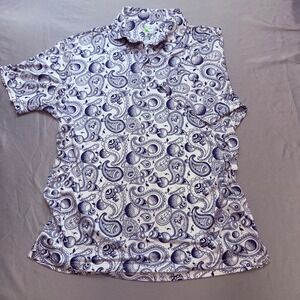 TailorByrd Mens XL Golf Polo Shirt Blue White Paisley Golf Ball Flamingo SPF‎ 30